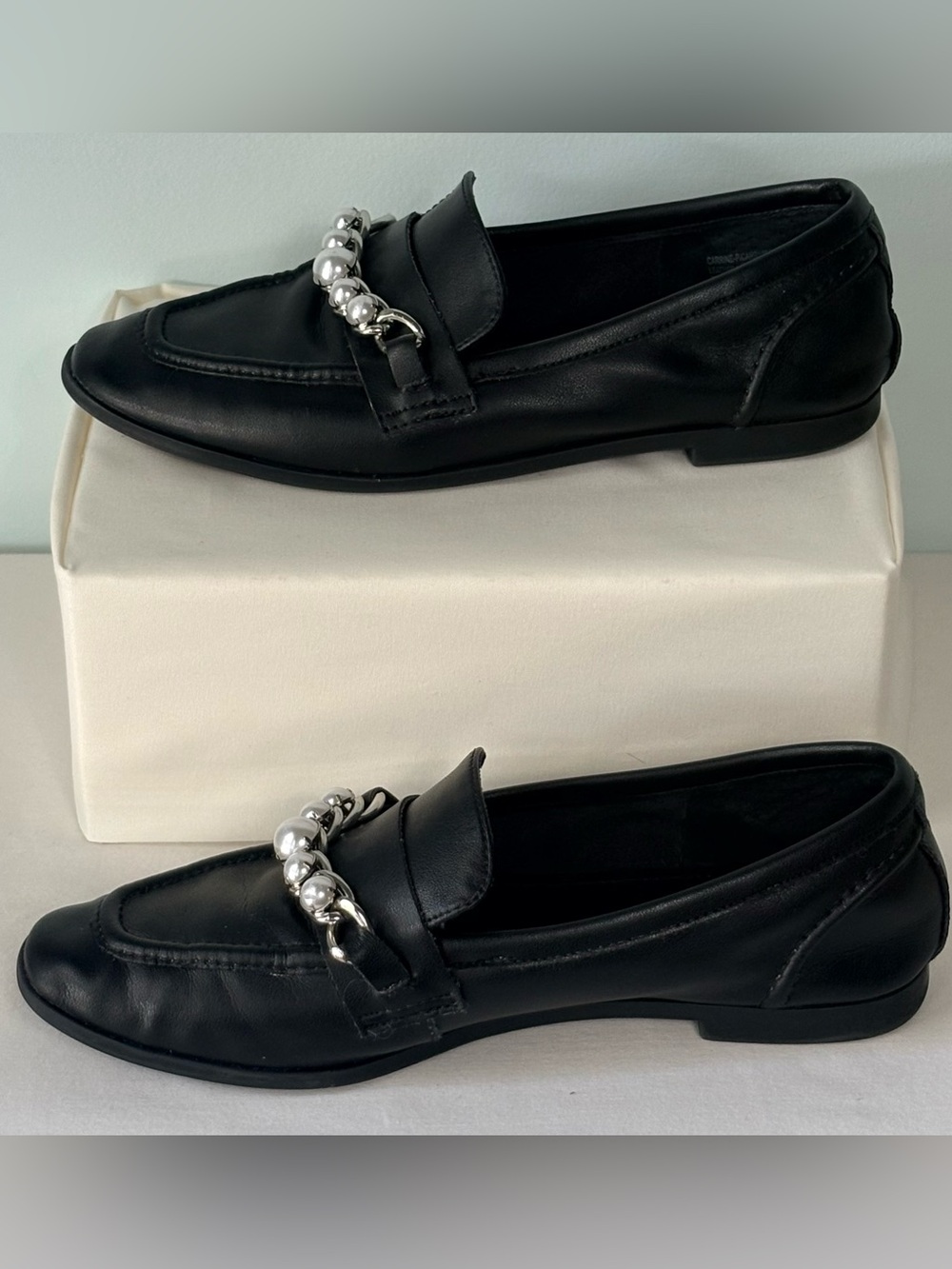 Steve Madden Black Leather Loafers with Silver Bead Accent